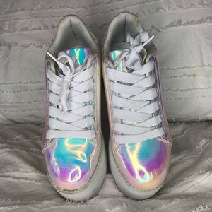 Iridescent platform sneakers.